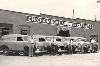 The original Chickamauga Laundry & Cleaners with its delivery fleet, circa 1939